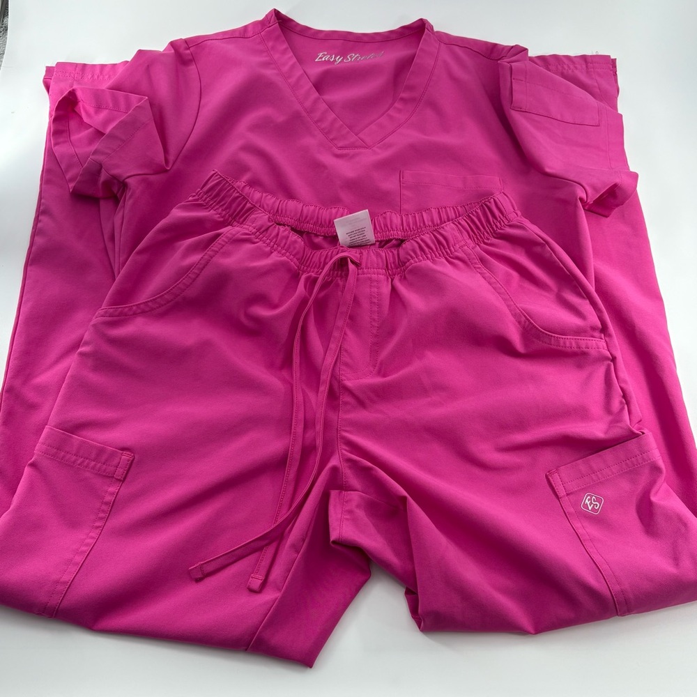 Easy Stretch Women's Solid Pink Scrub Set One Pocket Top Straight Leg Pant